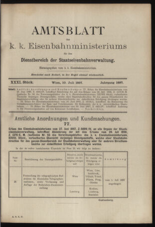 Verordnungs- und Anzeige-Blatt der k.k. General-Direction der österr. Staatsbahnen 18970710 Seite: 1