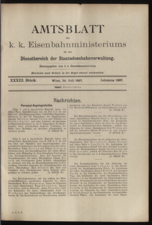 Verordnungs- und Anzeige-Blatt der k.k. General-Direction der österr. Staatsbahnen 18970724 Seite: 1