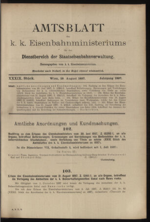 Verordnungs- und Anzeige-Blatt der k.k. General-Direction der österr. Staatsbahnen 18970828 Seite: 1