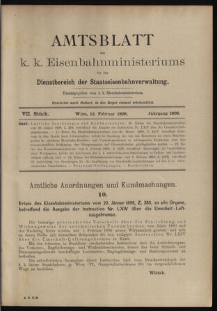 Verordnungs- und Anzeige-Blatt der k.k. General-Direction der österr. Staatsbahnen 18980212 Seite: 1