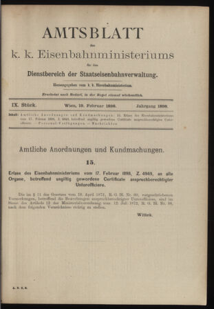 Verordnungs- und Anzeige-Blatt der k.k. General-Direction der österr. Staatsbahnen 18980219 Seite: 1