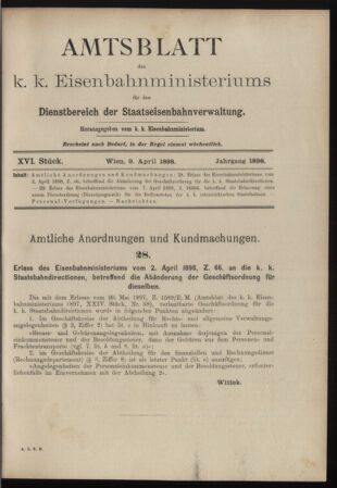 Verordnungs- und Anzeige-Blatt der k.k. General-Direction der österr. Staatsbahnen 18980409 Seite: 1