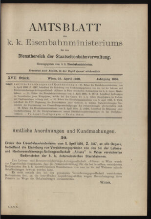 Verordnungs- und Anzeige-Blatt der k.k. General-Direction der österr. Staatsbahnen 18980416 Seite: 1