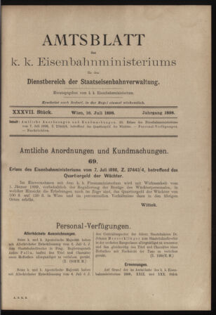 Verordnungs- und Anzeige-Blatt der k.k. General-Direction der österr. Staatsbahnen 18980716 Seite: 1