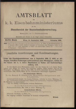 Verordnungs- und Anzeige-Blatt der k.k. General-Direction der österr. Staatsbahnen 18980910 Seite: 1