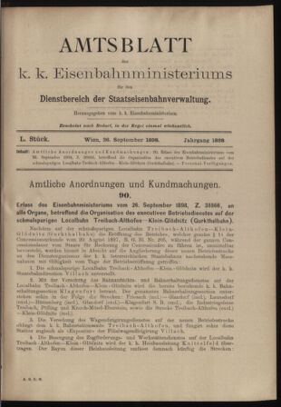 Verordnungs- und Anzeige-Blatt der k.k. General-Direction der österr. Staatsbahnen 18980926 Seite: 1