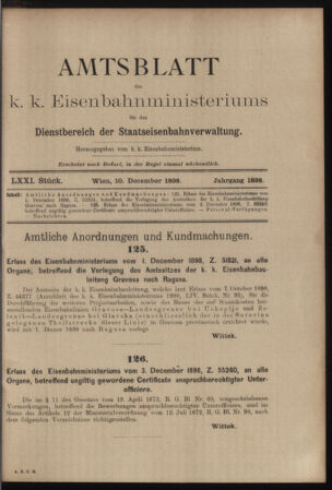 Verordnungs- und Anzeige-Blatt der k.k. General-Direction der österr. Staatsbahnen 18981210 Seite: 1