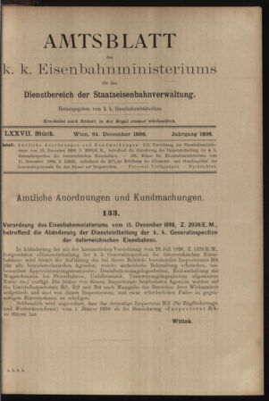 Verordnungs- und Anzeige-Blatt der k.k. General-Direction der österr. Staatsbahnen 18981224 Seite: 1