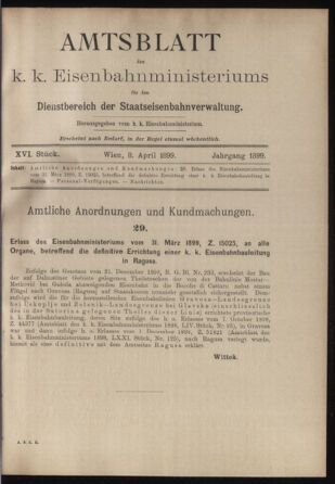 Verordnungs- und Anzeige-Blatt der k.k. General-Direction der österr. Staatsbahnen 18990408 Seite: 1