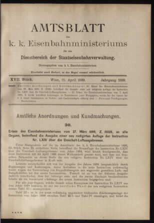 Verordnungs- und Anzeige-Blatt der k.k. General-Direction der österr. Staatsbahnen 18990415 Seite: 1