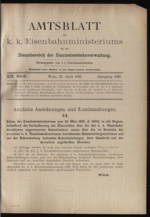 Verordnungs- und Anzeige-Blatt der k.k. General-Direction der österr. Staatsbahnen 18990422 Seite: 1