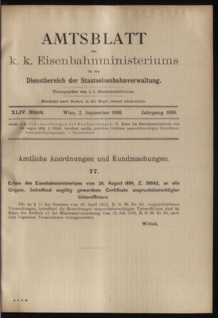 Verordnungs- und Anzeige-Blatt der k.k. General-Direction der österr. Staatsbahnen 18990902 Seite: 1