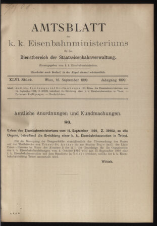 Verordnungs- und Anzeige-Blatt der k.k. General-Direction der österr. Staatsbahnen 18990916 Seite: 1