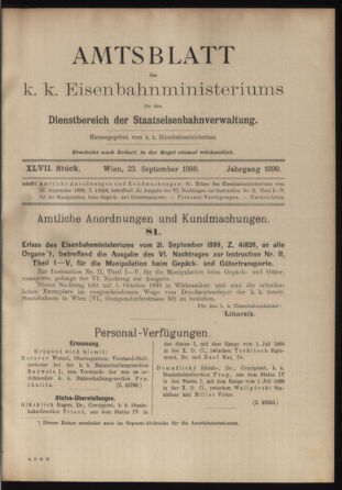 Verordnungs- und Anzeige-Blatt der k.k. General-Direction der österr. Staatsbahnen 18990923 Seite: 1