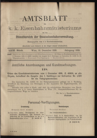 Verordnungs- und Anzeige-Blatt der k.k. General-Direction der österr. Staatsbahnen 18991216 Seite: 1