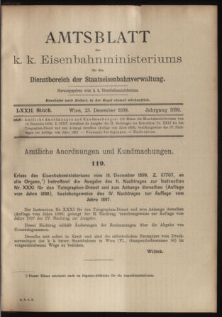 Verordnungs- und Anzeige-Blatt der k.k. General-Direction der österr. Staatsbahnen 18991223 Seite: 1