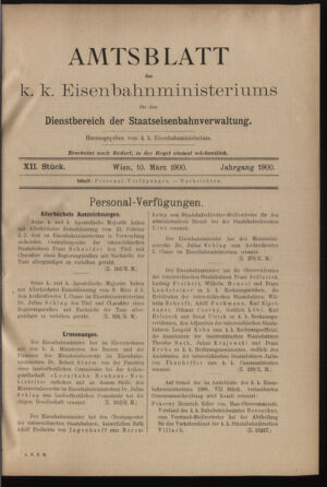 Verordnungs- und Anzeige-Blatt der k.k. General-Direction der österr. Staatsbahnen 19000310 Seite: 1