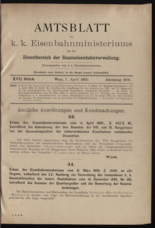 Verordnungs- und Anzeige-Blatt der k.k. General-Direction der österr. Staatsbahnen 19000407 Seite: 1