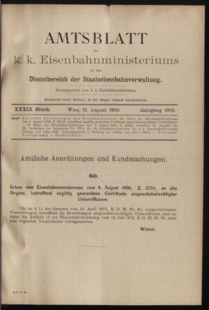 Verordnungs- und Anzeige-Blatt der k.k. General-Direction der österr. Staatsbahnen 19000818 Seite: 1