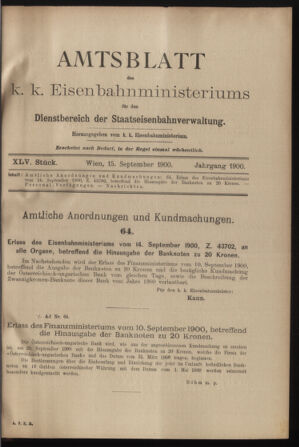 Verordnungs- und Anzeige-Blatt der k.k. General-Direction der österr. Staatsbahnen 19000915 Seite: 1