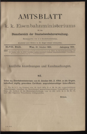 Verordnungs- und Anzeige-Blatt der k.k. General-Direction der österr. Staatsbahnen 19011026 Seite: 1