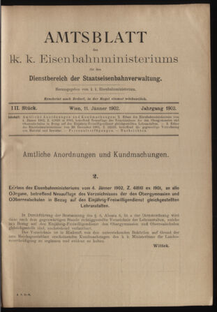 Verordnungs- und Anzeige-Blatt der k.k. General-Direction der österr. Staatsbahnen 19020111 Seite: 1