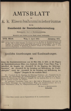 Verordnungs- und Anzeige-Blatt der k.k. General-Direction der österr. Staatsbahnen 19020405 Seite: 1