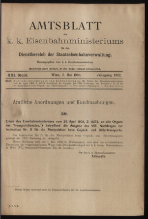 Verordnungs- und Anzeige-Blatt der k.k. General-Direction der österr. Staatsbahnen 19020503 Seite: 1