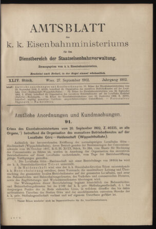 Verordnungs- und Anzeige-Blatt der k.k. General-Direction der österr. Staatsbahnen 19020927 Seite: 1