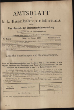 Verordnungs- und Anzeige-Blatt der k.k. General-Direction der österr. Staatsbahnen 19030124 Seite: 1