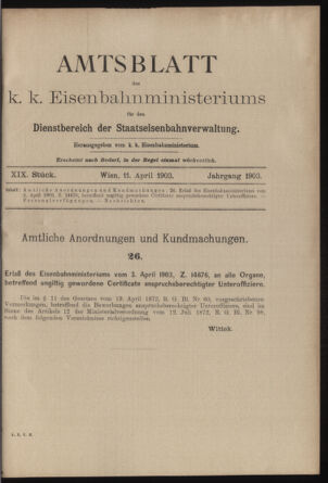 Verordnungs- und Anzeige-Blatt der k.k. General-Direction der österr. Staatsbahnen 19030411 Seite: 1