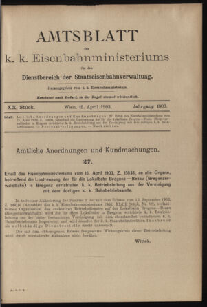 Verordnungs- und Anzeige-Blatt der k.k. General-Direction der österr. Staatsbahnen 19030418 Seite: 1