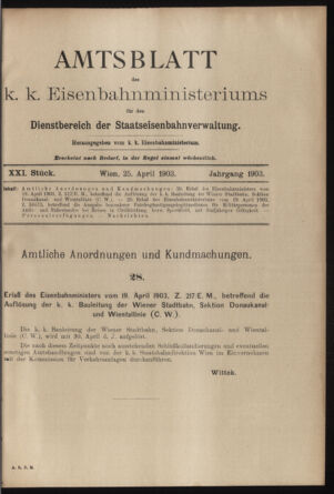 Verordnungs- und Anzeige-Blatt der k.k. General-Direction der österr. Staatsbahnen 19030425 Seite: 1