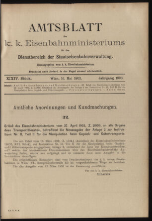 Verordnungs- und Anzeige-Blatt der k.k. General-Direction der österr. Staatsbahnen 19030516 Seite: 1