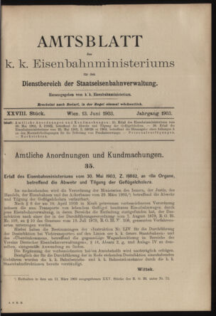 Verordnungs- und Anzeige-Blatt der k.k. General-Direction der österr. Staatsbahnen 19030613 Seite: 1