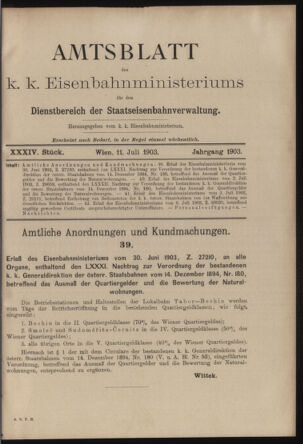 Verordnungs- und Anzeige-Blatt der k.k. General-Direction der österr. Staatsbahnen 19030711 Seite: 1