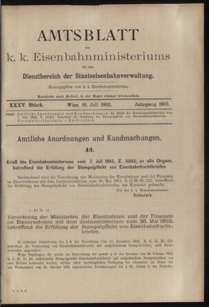 Verordnungs- und Anzeige-Blatt der k.k. General-Direction der österr. Staatsbahnen 19030718 Seite: 1