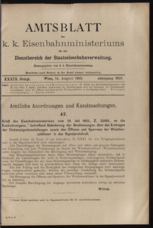 Verordnungs- und Anzeige-Blatt der k.k. General-Direction der österr. Staatsbahnen 19030814 Seite: 1