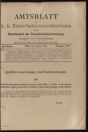 Verordnungs- und Anzeige-Blatt der k.k. General-Direction der österr. Staatsbahnen 19030822 Seite: 1