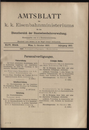 Verordnungs- und Anzeige-Blatt der k.k. General-Direction der österr. Staatsbahnen 19031003 Seite: 1