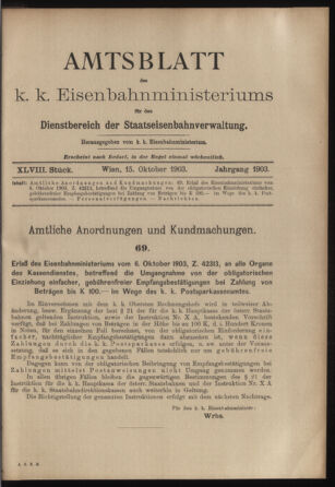 Verordnungs- und Anzeige-Blatt der k.k. General-Direction der österr. Staatsbahnen 19031015 Seite: 1