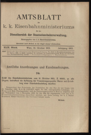 Verordnungs- und Anzeige-Blatt der k.k. General-Direction der österr. Staatsbahnen 19031030 Seite: 1