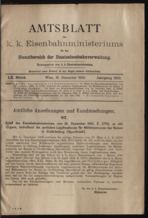 Verordnungs- und Anzeige-Blatt der k.k. General-Direction der österr. Staatsbahnen 19031231 Seite: 1