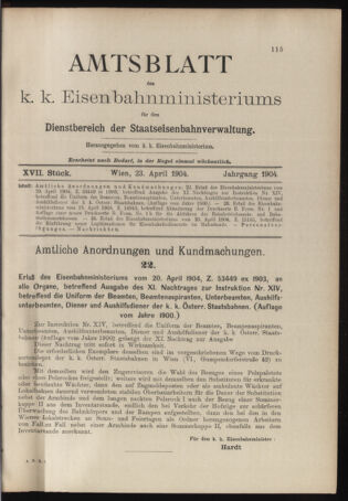 Verordnungs- und Anzeige-Blatt der k.k. General-Direction der österr. Staatsbahnen 19040423 Seite: 1