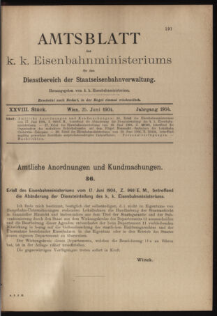 Verordnungs- und Anzeige-Blatt der k.k. General-Direction der österr. Staatsbahnen 19040625 Seite: 1