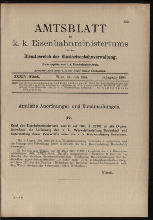 Verordnungs- und Anzeige-Blatt der k.k. General-Direction der österr. Staatsbahnen 19040723 Seite: 1