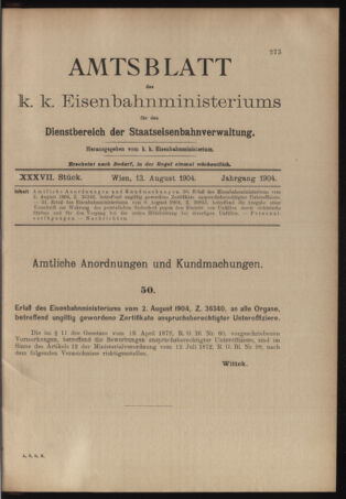 Verordnungs- und Anzeige-Blatt der k.k. General-Direction der österr. Staatsbahnen 19040813 Seite: 1