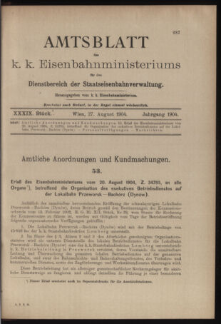 Verordnungs- und Anzeige-Blatt der k.k. General-Direction der österr. Staatsbahnen 19040827 Seite: 1