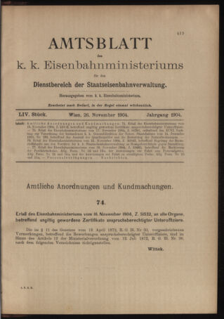 Verordnungs- und Anzeige-Blatt der k.k. General-Direction der österr. Staatsbahnen 19041126 Seite: 1