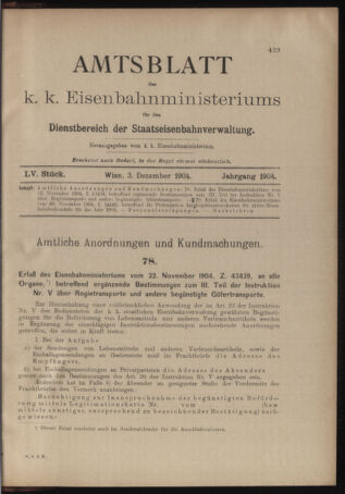 Verordnungs- und Anzeige-Blatt der k.k. General-Direction der österr. Staatsbahnen 19041203 Seite: 1